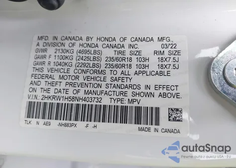 2022 Honda Cr-V 2Wd Ex z USA, uszkodzony, nr VIN 2HKRW1H58NH403732